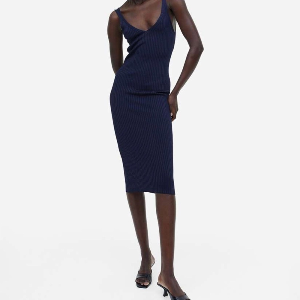 H&M Blue Midi Rib-Knit Bodycon Dress
